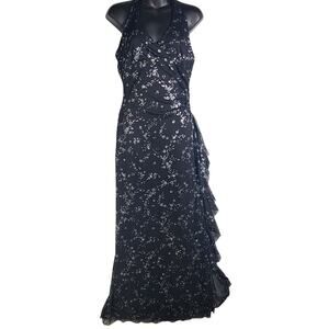 Vintage Y2K Taboo‎ Halter Dress Sz M Black Glitter Ruffle WhimsiGoth Grunge Hoco